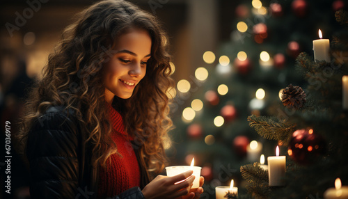 A smiling woman enjoys the warmth of a candle flame generated by AI