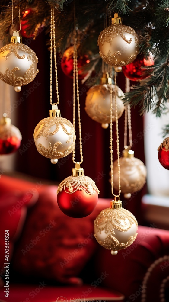 Close-up vertical shot of decorated Christmas home interior with Christmas tree. Fir tree in golden, red, and colorful baubles, lights with colorful ornaments. celebrating New Year 2024 and Christmas. Close-up vertical shot of decorated Christmas home interior with Christmas tree. Fir tree in golden, red, and colorful baubles, lights with colorful ornaments. celebrating New Year 2024 and Christmas.