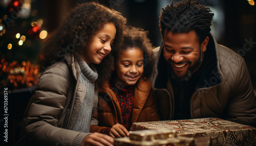 African American family enjoys Christmas night, smiling by the tree generated by AI