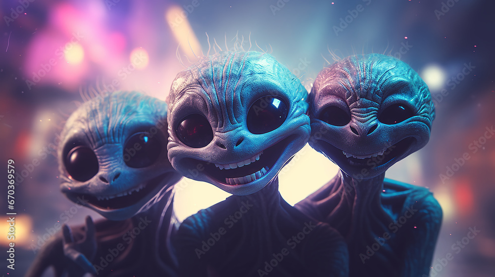 portrait of a group of three cheerful aliens on a fog background - obrazy, fototapety, plakaty 