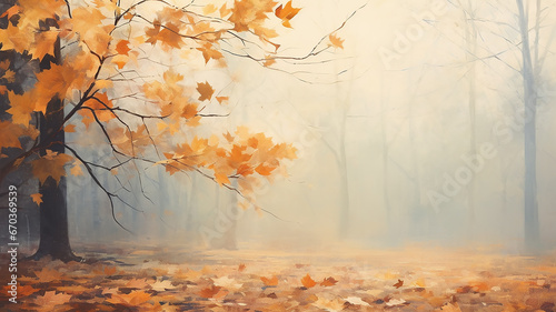 autumn blurred background, morning forest in a sunny fog yellow fall leaves, drawing layer painting © kichigin19
