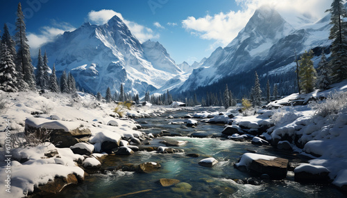 Majestic mountain peak, frozen in tranquil winter landscape generated by AI