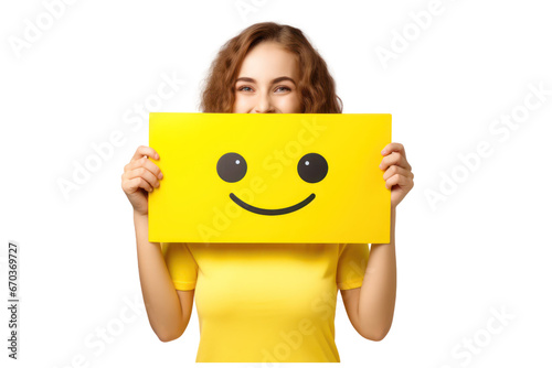 girl holding smile emoji paper poster on an isolated white background