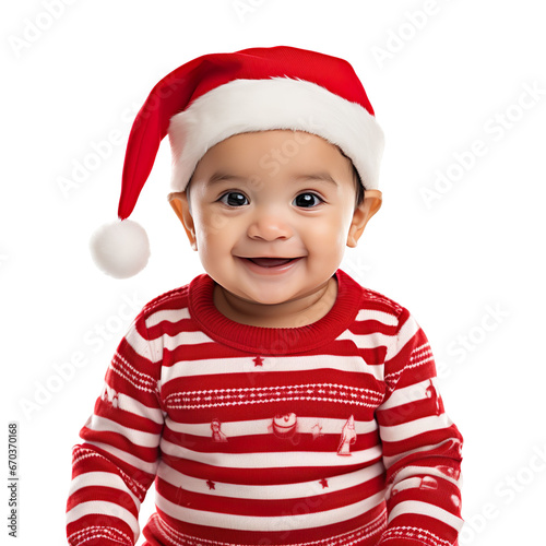 latin Baby in a Santa cap hat and a Christmas sweater  isolated on a white transparent background 
