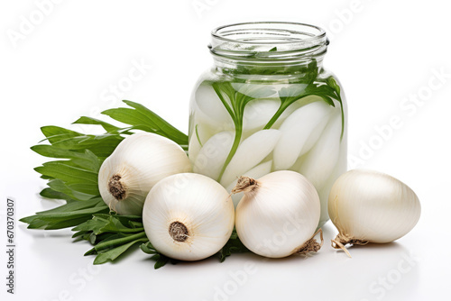 White pickled onions on white background