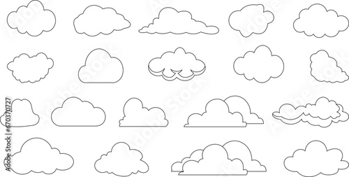 cloud shapes Vector illustration collection. 20 different black and white line art clouds, isolated on white background. Perfect for weather related designs, children’s book illustrations,