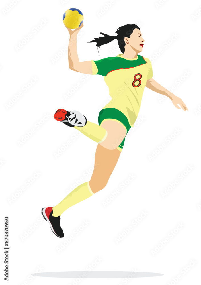 Young woman exercising handball player silhouette.