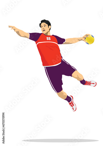Young man exercising handball player silhouette.