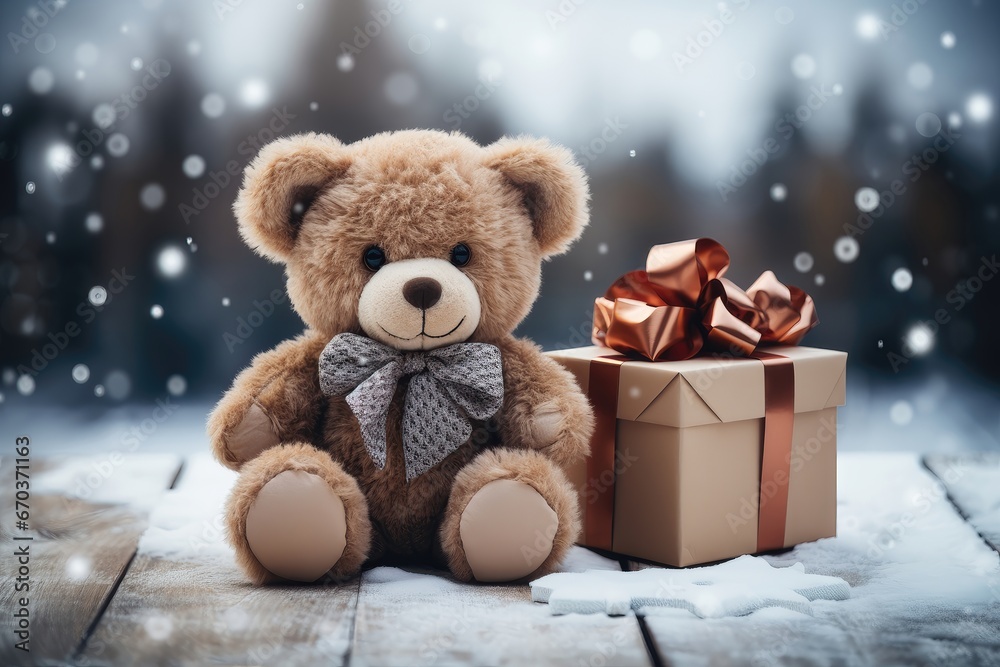 A close-up Christmas-themed background image featuring a teddy bear, a present, and a snowy scene, creating a cozy and wintry atmosphere for your creative content. Photorealistic illustration A close-up Christmas-themed background image featuring a teddy bear, a present, and a snowy scene, creating a cozy and wintry atmosphere for your creative content. Photorealistic illustration