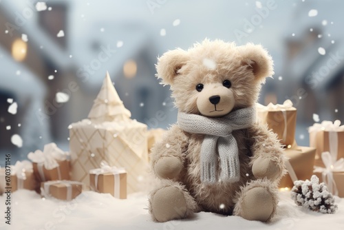 A Christmas-themed background image featuring a teddy bear in a snowy setting, offering room for customization, allowing you to create a festive atmosphere. Photorealistic illustration © DIMENSIONS