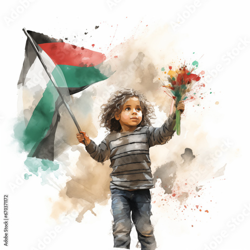 Watercolor illustration of a child with the Palestinian flag. AI generated