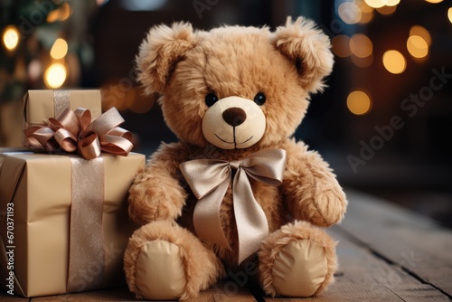 A close-up Christmas-themed background image featuring a teddy bear and presents, creating a cozy and festive atmosphere for your creative content. Photorealistic illustration © DIMENSIONS