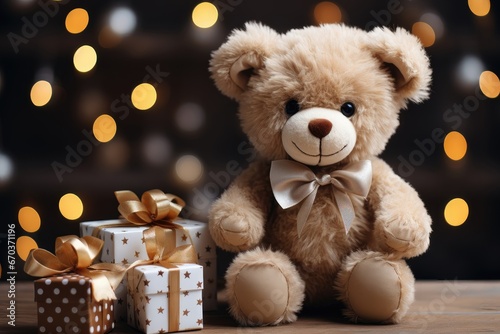 A close-up Christmas-themed background image with a teddy bear and presents, providing a festive atmosphere for your creative content during the holiday season. Photorealistic illustration