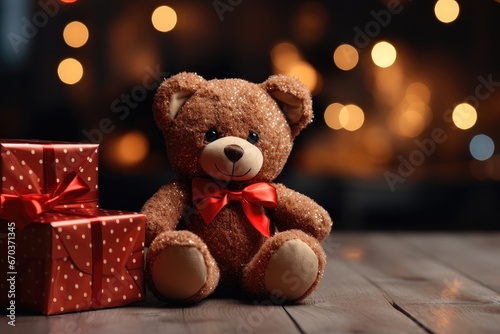 An image background for creative content during Christmas, featuring a teddy bear amidst red-wrapped presents, and allowing for customization to craft a festive setting. Photorealistic illustration