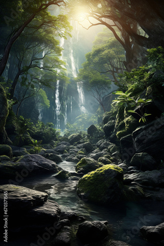 春の森 ファンタジックな森と川の風景イラスト