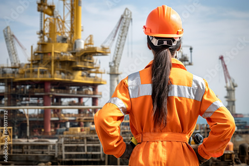 Rear view of a woman oil rig worker with a safety jacket and helmet looking at an offshore rig in background of blue sky. Management concept of industry and production.