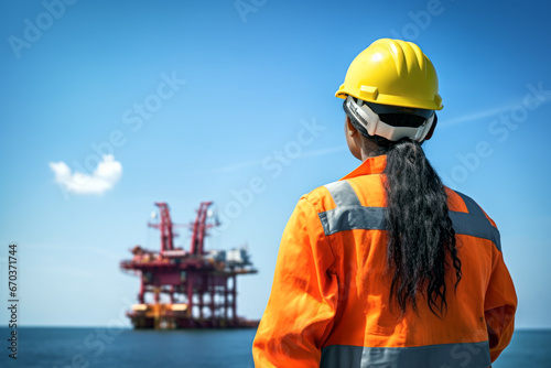 Rear view of a woman oil rig worker with a safety jacket and helmet looking at an offshore rig in background of blue sky. Management concept of industry and production. photo