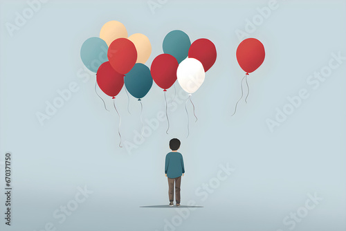 simple minimalist illustration of young boy with balloons