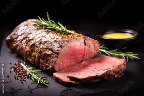 juicy sliced beef roast with garlic and fresh rosemary on a dark slate