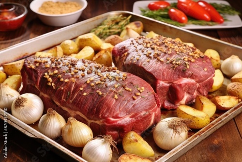beef roast surrounded by whole garlic bulbs on a baking sheet