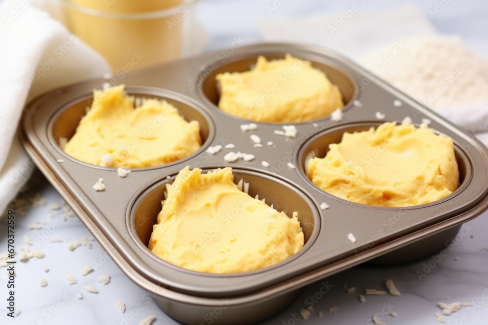 a muffin tin filled with unbaked batter a muffin tin filled with unbaked batter