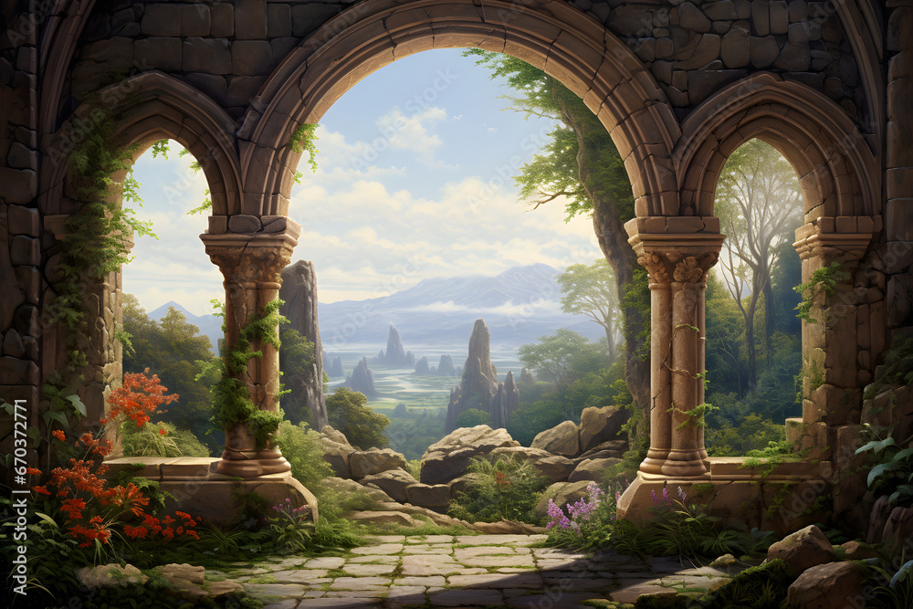 painting of a beautiful landscape viewed through stone arches