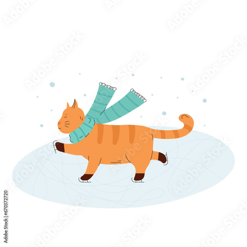 Cat with scarf skates an ice rink