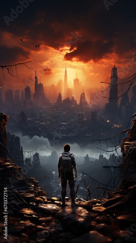 Wallpaper of a Post-Apocalyptic Survivor Navigating a Ruined Cityscape, Generative AI