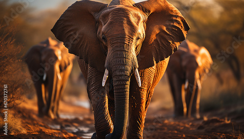 Elephant herd grazing in tranquil African wilderness at sunset generated by AI © Jemastock