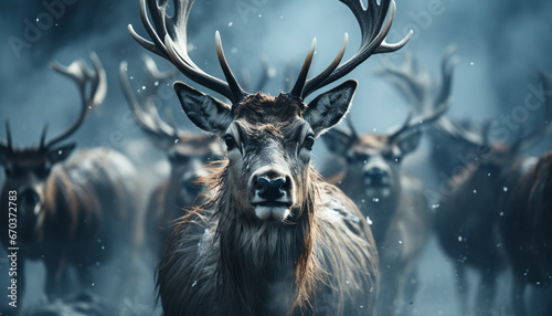 Winter deer in snowy forest, looking cute, frost on fur generated by AI