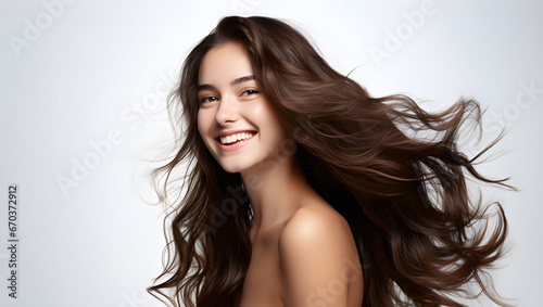 Portrait of a beautiful woman with a bright smile, hair is a beautiful brown color, shampoo advertising concept Hair conditioner and cosmetic products,Generative AI