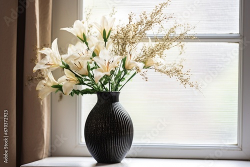 a black vase with wilted white flowers on a window sill