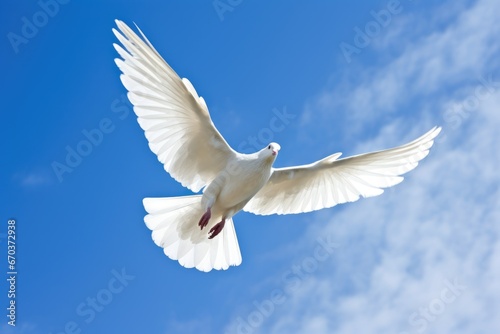 a white dove in flight against a blue sky