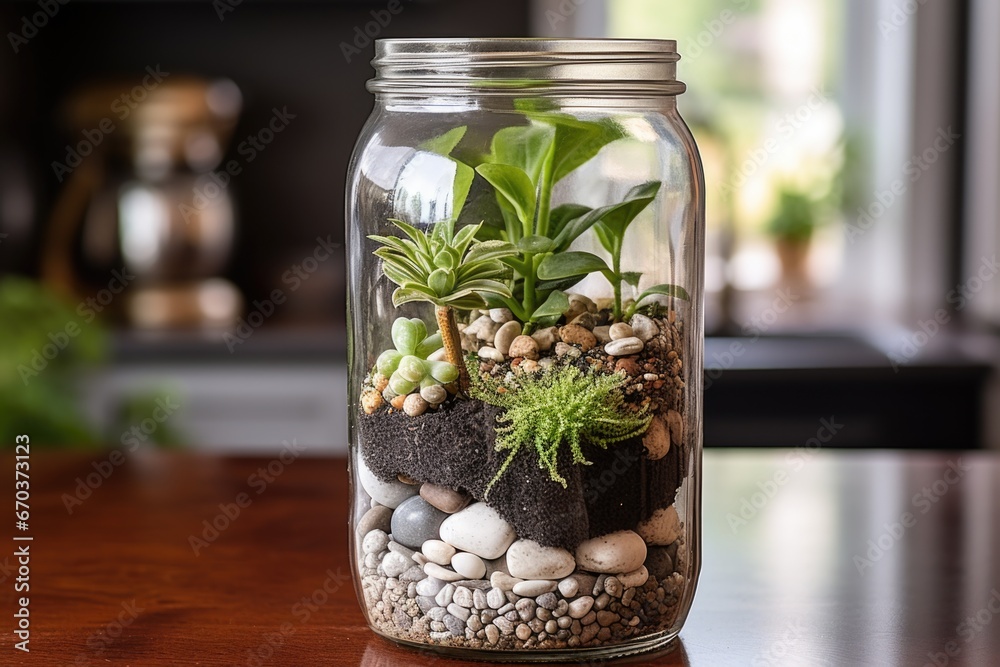 a mason jar terrarium with pebbles and small plants a mason jar terrarium with pebbles and small plants