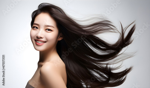 Portrait of a beautiful Asian woman with a bright smile, hair is a beautiful black color, shampoo advertising concept Hair conditioner and cosmetic products, Generative AI