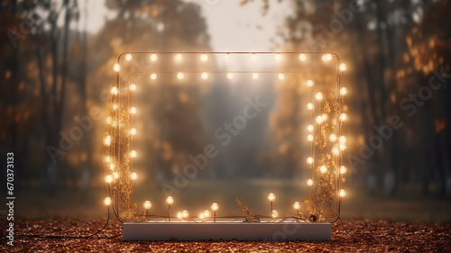 arch glowing autumn rectangular frame with light bulbs and garlands entrance  invitation frame in misty autumn mood halloween