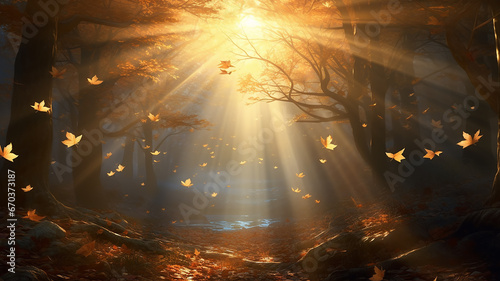 rays of the sun leaf fall autumn background landscape golden fall