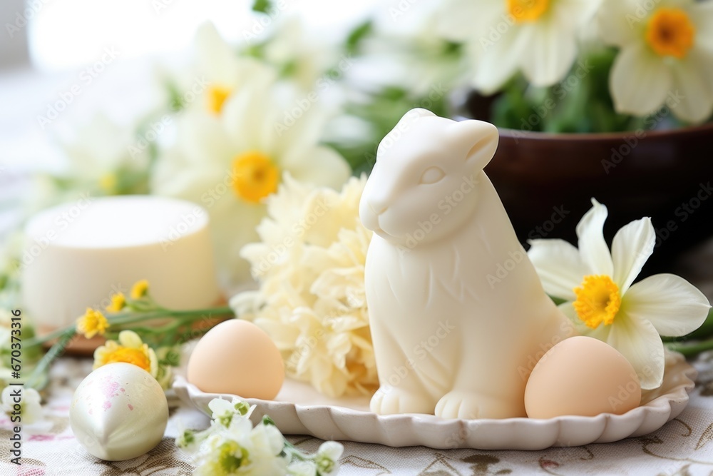 spring flowers surrounding a white chocolate bunny