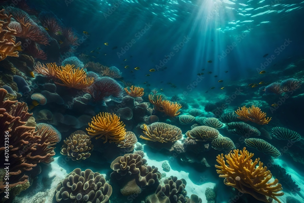 coral reef with fish and sea