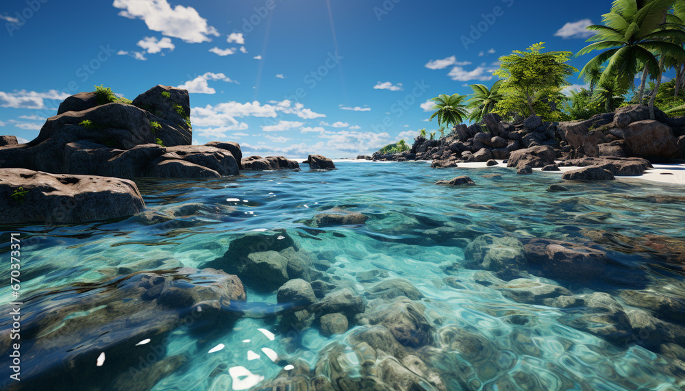 Idyllic tropical coastline, tranquil water, green palm tree, blue sky generated by AI