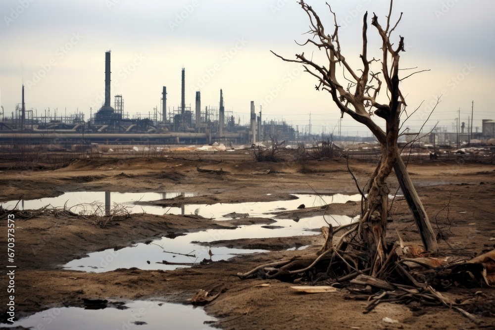 dead tree in industrial pollution, with factories in background