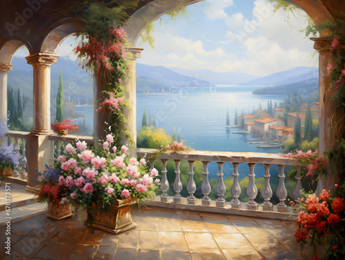 oil painting of a beautiful landscape viewed through stone arch balcony with flowers