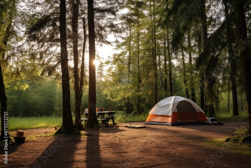 a camping tent set up amid trees