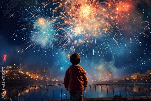 A child gazing in wonder at a burst of fireworks, emphasizing the magic and beauty of the annual tradition