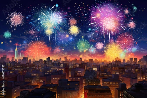 A city skyline with multiple fireworks displays in the background, illustrating the communal experience of watching fireworks