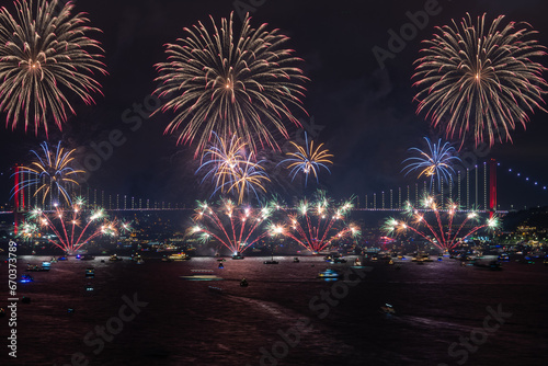 Republic of Türkiye Fireworks Show Drone Photo, 15 July Martyrs Bridge Cengelkoy, Uskudar Istanbul, Turkiye (Turkey) © raul77