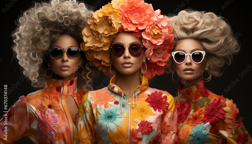Fototapeta premium Young women in colorful fashion, sunglasses, and curly hair smiling generated by AI