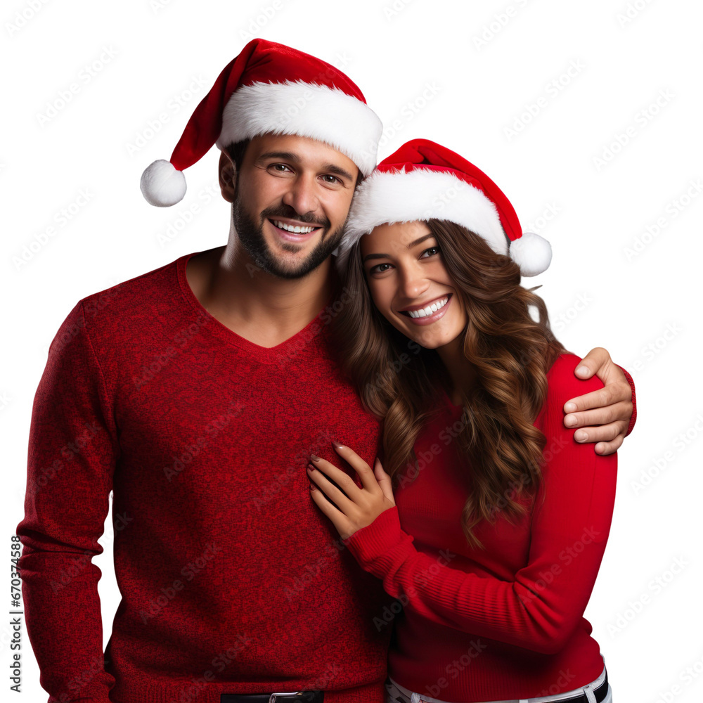 latin couple in a Santa cap hat and a Christmas sweater isolated on a white transparent background latin couple in a Santa cap hat and a Christmas sweater isolated on a white transparent background