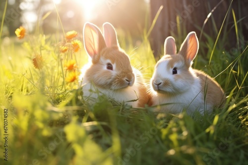 a sunny meadow with two rabbits resting together © Natalia