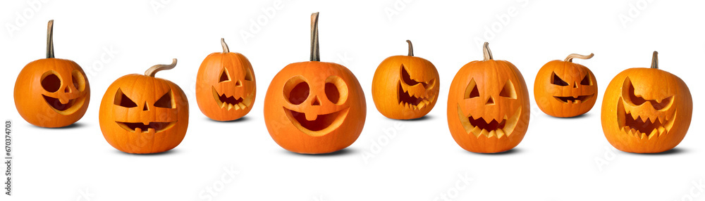 Many pumpkins with carved spooky faces isolated on white, collection. Decoration for Halloween Many pumpkins with carved spooky faces isolated on white, collection. Decoration for Halloween